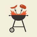 BBQ grill logo or icon. Barbecue emblem with fire, crossed forks with sausage, meat or steak. Vector illustration. Royalty Free Stock Photo